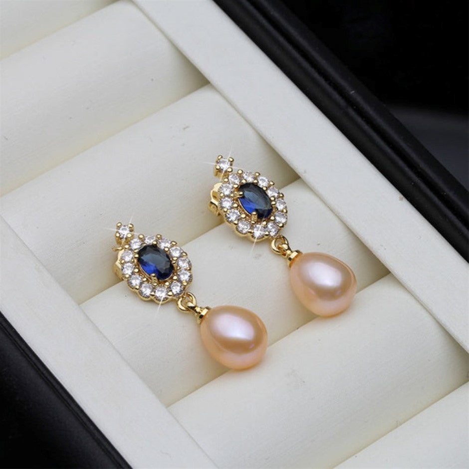 BIJ'OR Genuine Pink Freshwater Pearl Statement Drop Earrings Gold. RRP 59