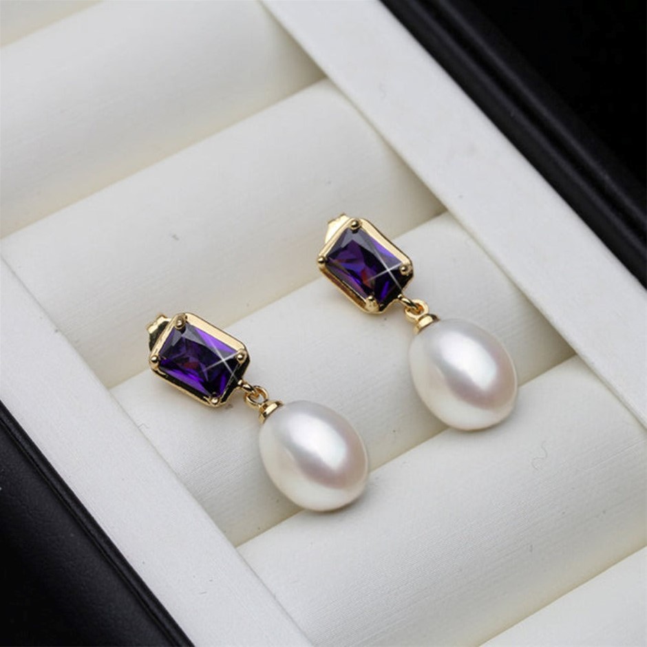 BIJ'OR Genuine White Freshwater Pearl Purple Rectangular Drop Earring RRP59