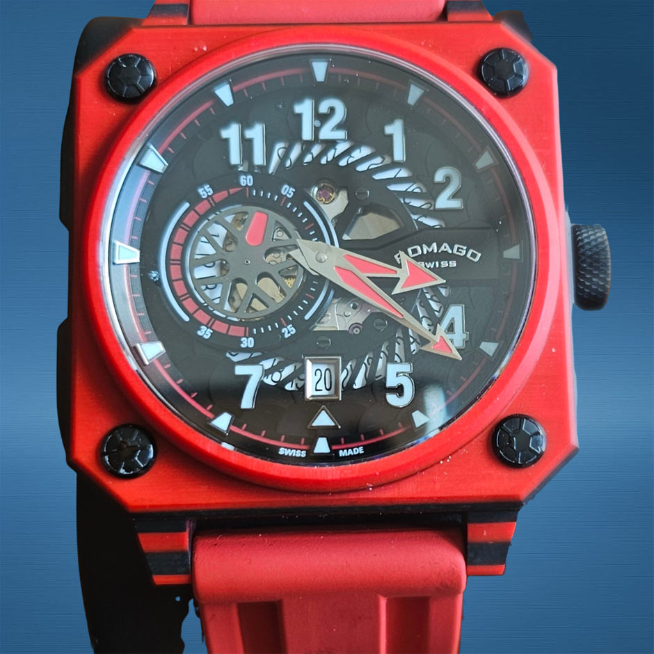 ROMAGO SUPER CARBON X 46.5MM CARBON RED CARBON FIBER RM097 CASE BXP & COA