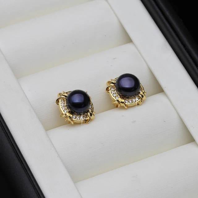 BIJ'OR - Black Pearl Stud Earrings with Simulated Diamonds in Gold RRP $59