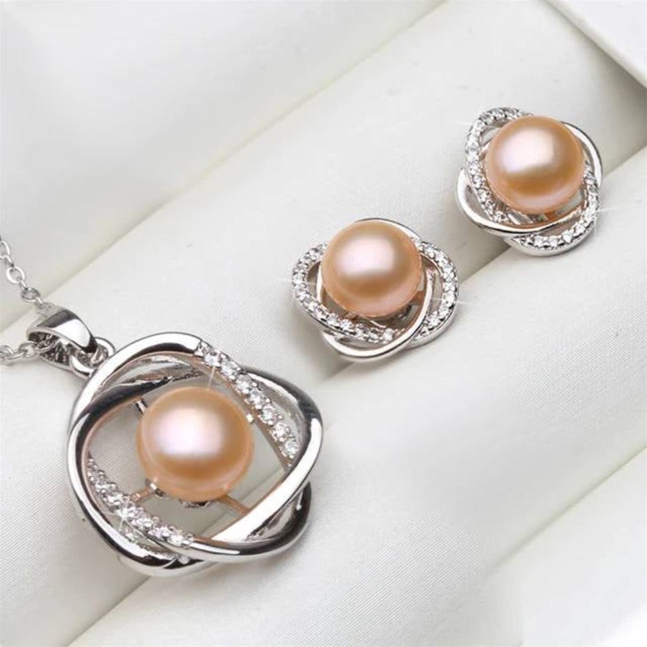 BIJ'OR - Pink Pearl & Simulated Diamond Earring & Necklace Set RRP $99
