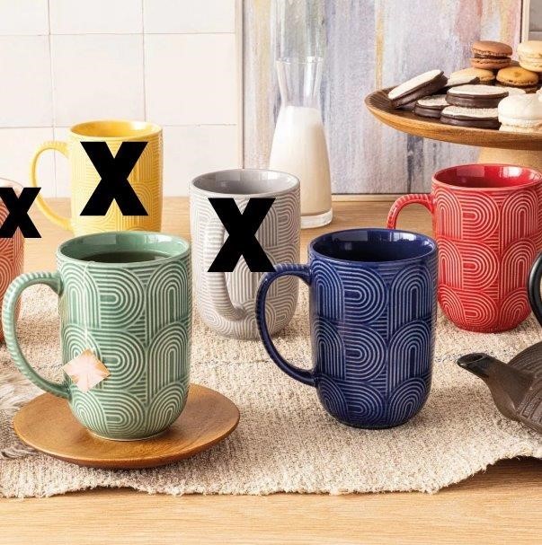 OVERANDBACK 6pc Arch Mugs, 490ml. NB: missing 3 mugs, no box.