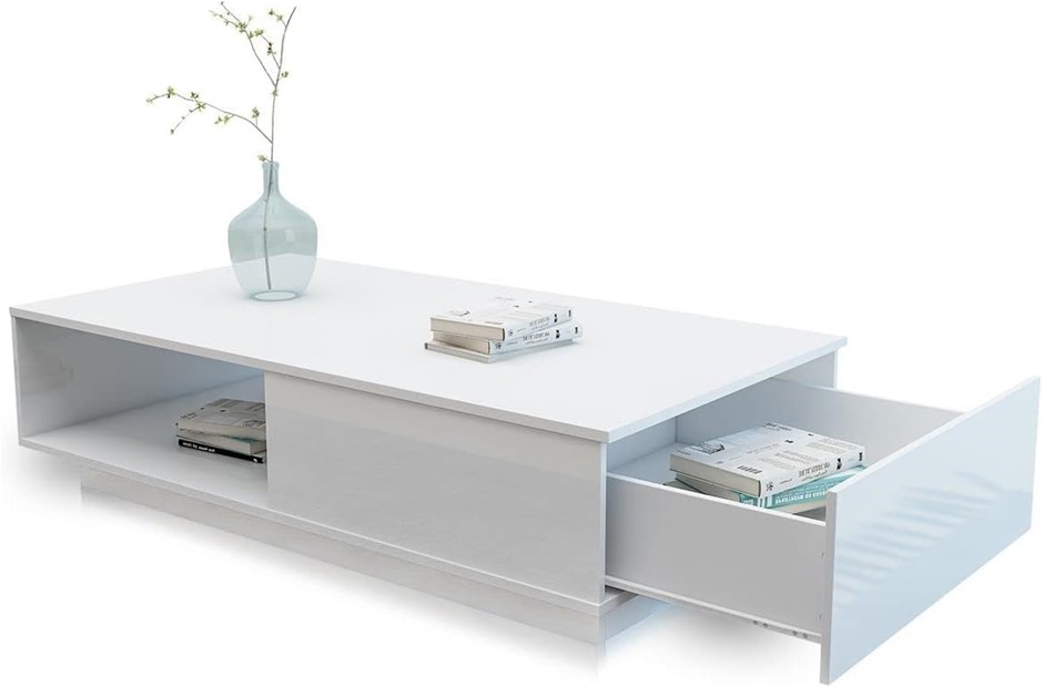AUSWAY Coffee Table Storage with 1 Drawer Shelf, High Gloss Front Wood Mode