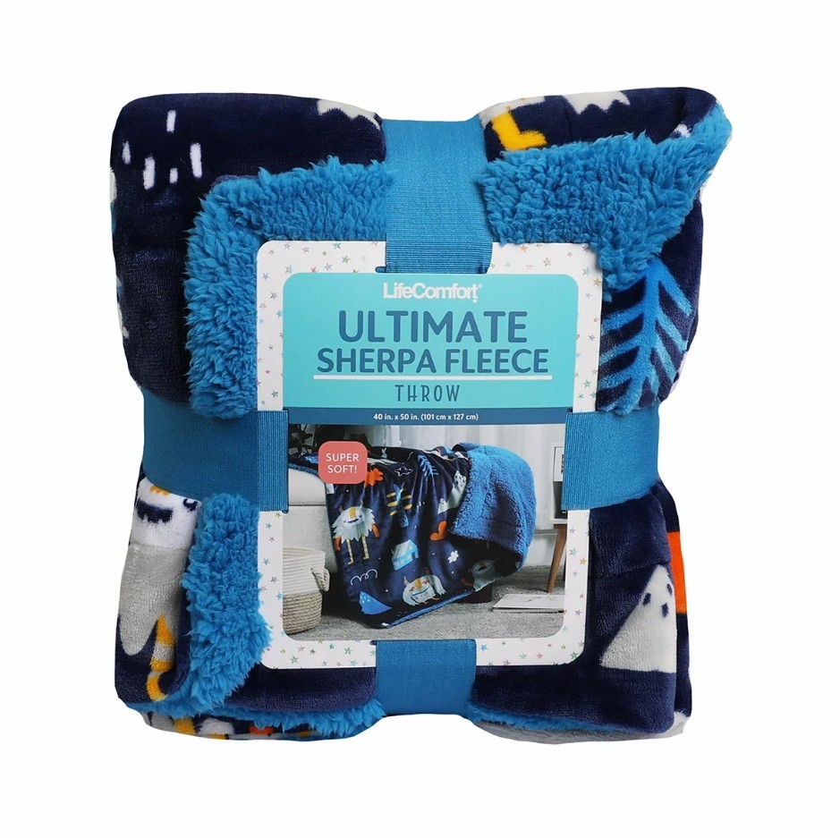 LIFE COMFORT Ultimate Sherpa Throw, 101 x 127cm, Navy Blue.