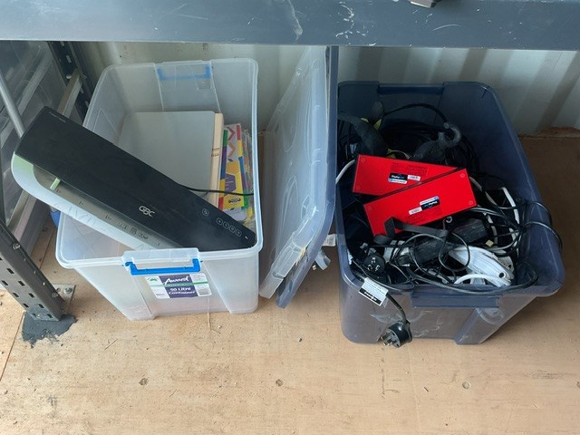 2 x Tubs Of IT Items and Files, 2 x Lenovo Think Pad Dock Stations