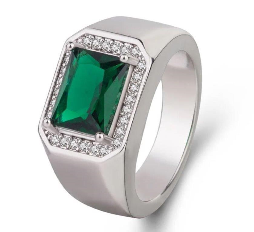 925 Silver Ring 3.0ct Green  Emerald Cut Simulated Diamodns-10us