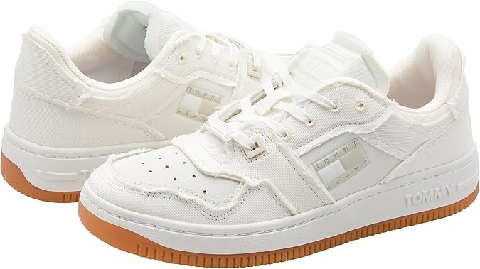 TOMMY JEANS Women's Denim Layered Basket Trainers, EU39/US8.5, Ecru, EN0EN0
