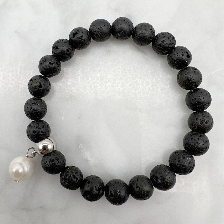 Large Pearl and Lava Gemstone Bracelet