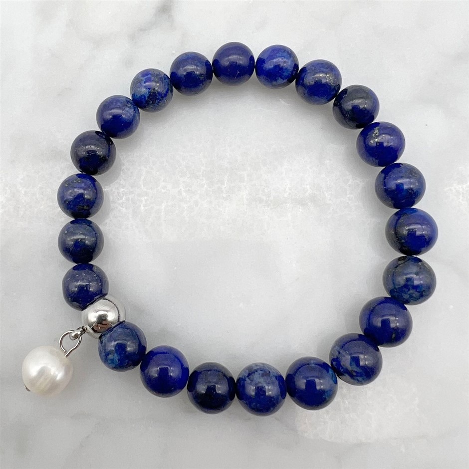 Large Pearl and Lapis Lazuli Gemstone Bracelet