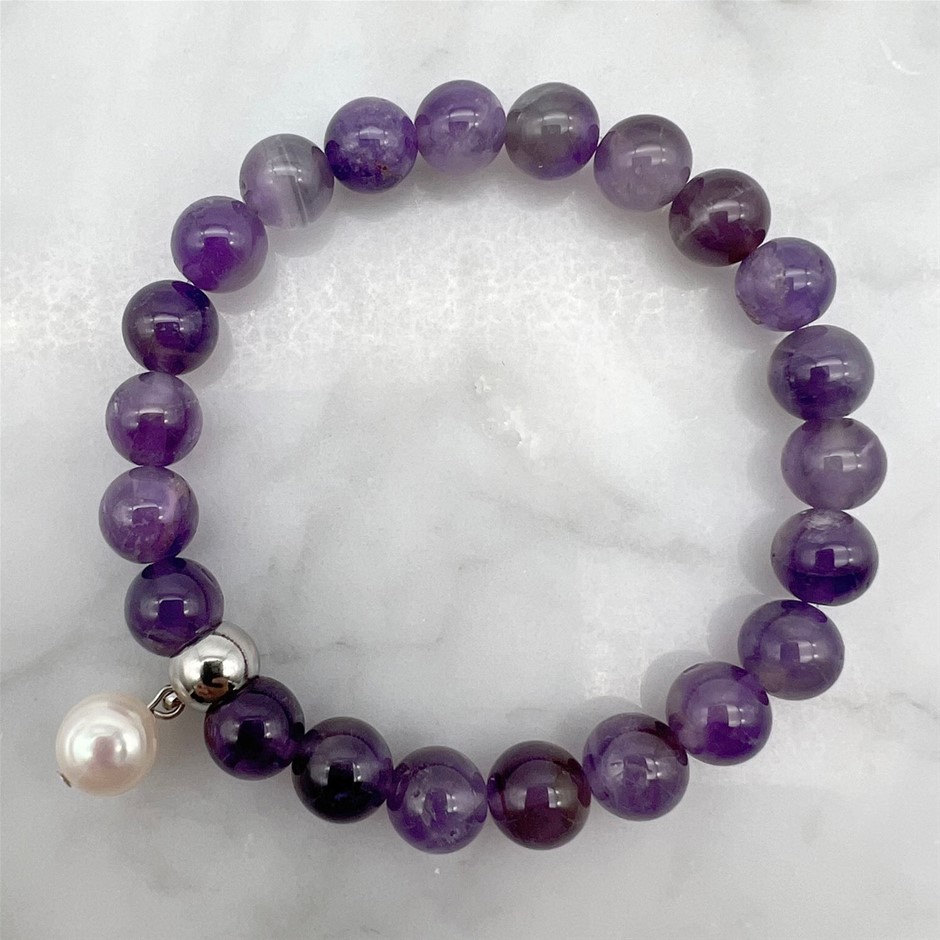 Large Pearl and Amethyst Gemstone Bracelet