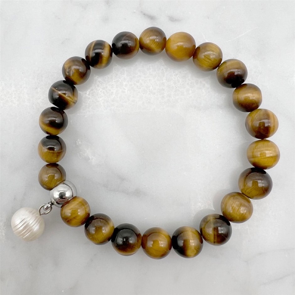 Large Pearl and Tiger Eye Gemstone Bracelet