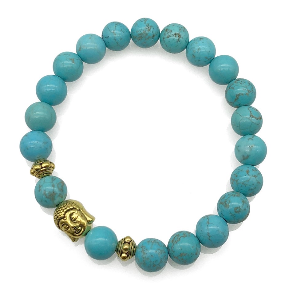 8mm Turquoise & Antique Gold Buddha Charm Beaded Bracelet