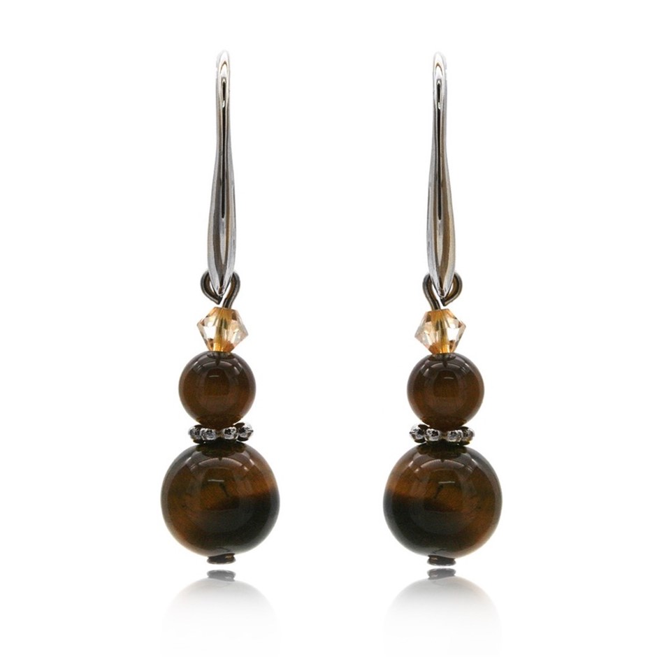 Natural Tiger Eye & Swarovski® Crystal Real Platinum Plated Earrings