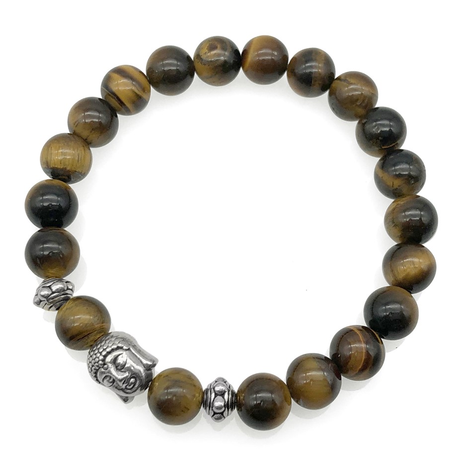 8mm Tiger Eye & Antique Silver Buddha Charm Beaded Bracelet