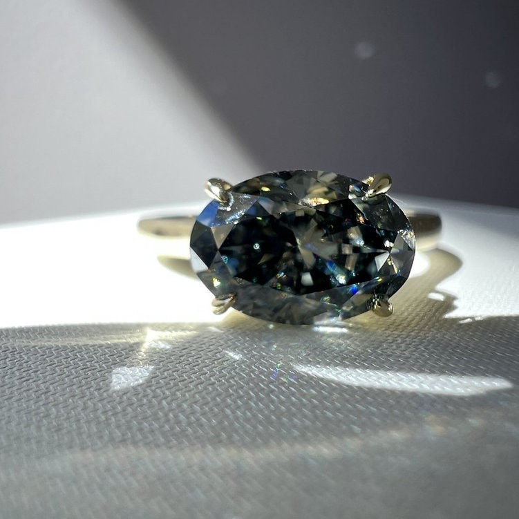 2.5ct Natural Grey Moissanite Oval Ring 14K Gold on Solid Sterling Silver