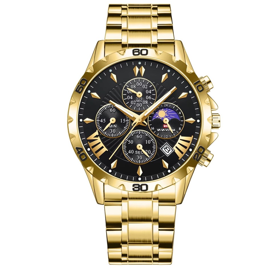 Luxury Multifunctional Water Resistant Watch for Men, Gold/Black