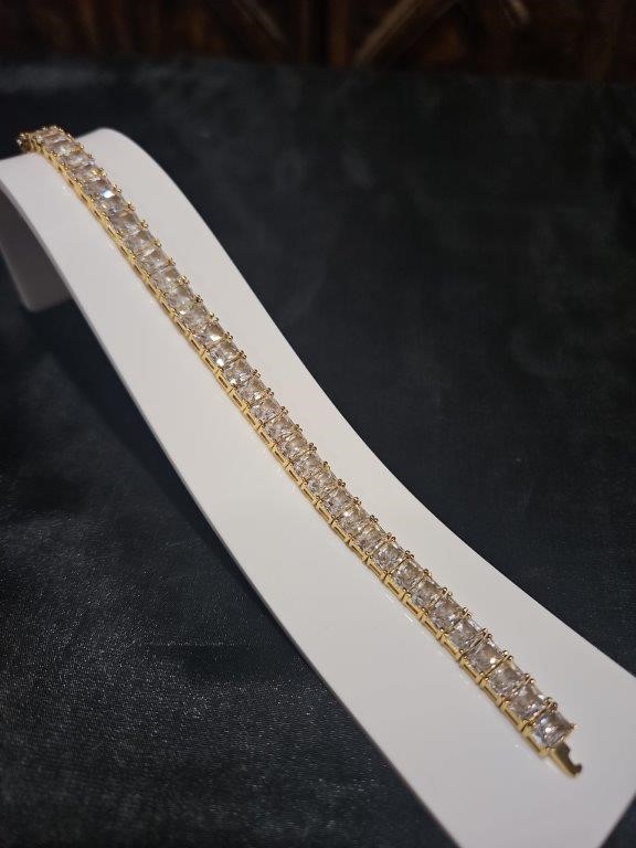 18k Italy Stamped Yellow Gold Filled Tennis Bracelet-Emerald Cut-17.8cm