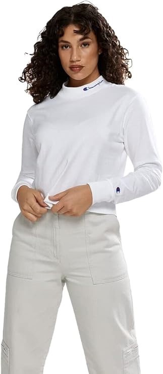 CHAMPION Women's Heritage Mock Neck LS Tee, Size S, Cotton, White (WIT), CT