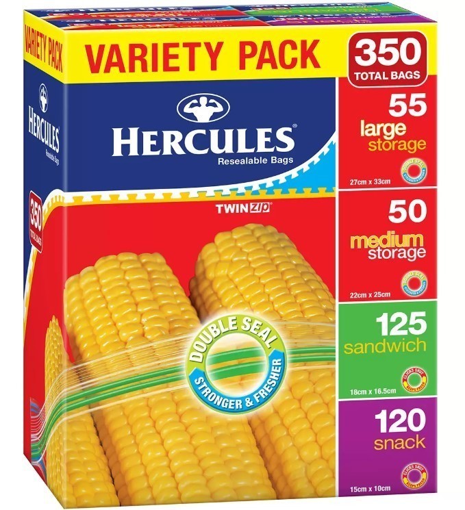 HERCULES Resealable Bags Variety Pack 350pc Carton. NB: Damaged packaging.
