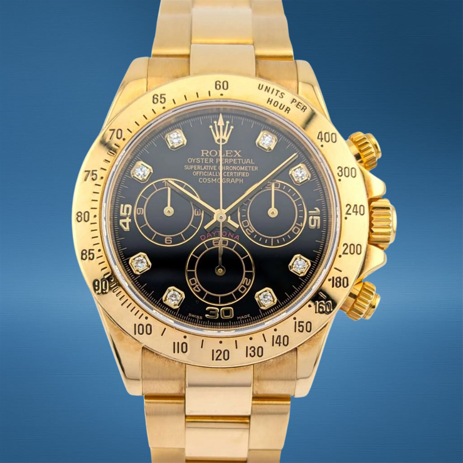 ROLEX DAYTONA 40MM 18K YELLOW GOLD 116528 CHAMPAGNE DIAMOND DIAL BXP & COA