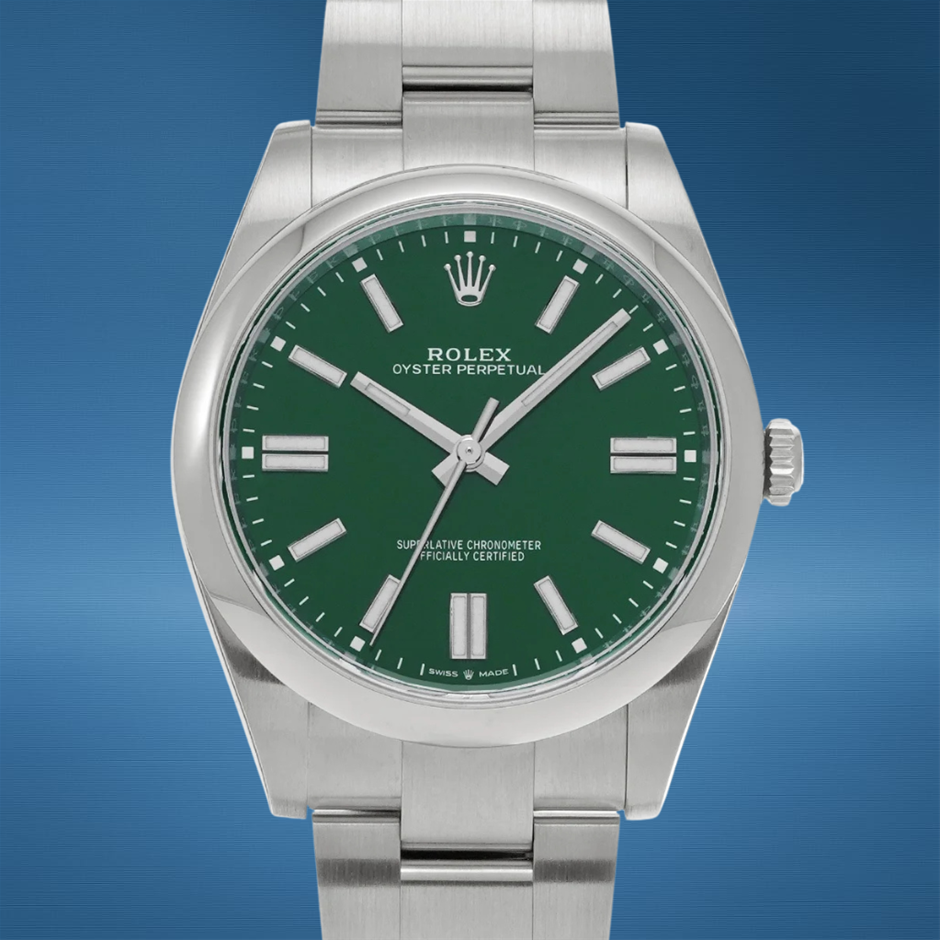 ROLEX OYSTER PERPETUAL 41 41MM STAINLESS STEEL 124300 GREEN DIAL BXP & COA