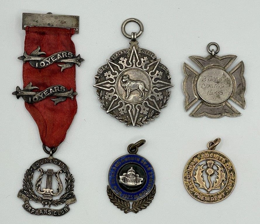 5 x Asstd NZ Society, Exhibition & Club fob medals (1 x in 9Ct gold)
