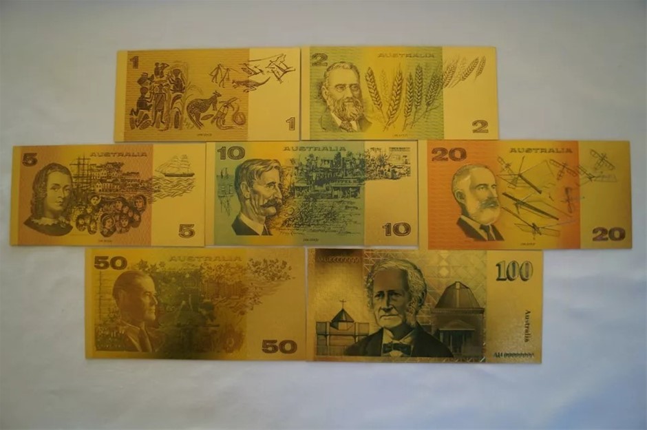 Australia Set 7 Souvenir $ Collection 24k Gold Plated Sleeved Notes COA