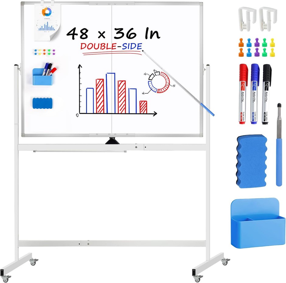 BAOWOR Large Double-Sided Mobile Magnetic Whiteboard with Wheels 360° Rotat