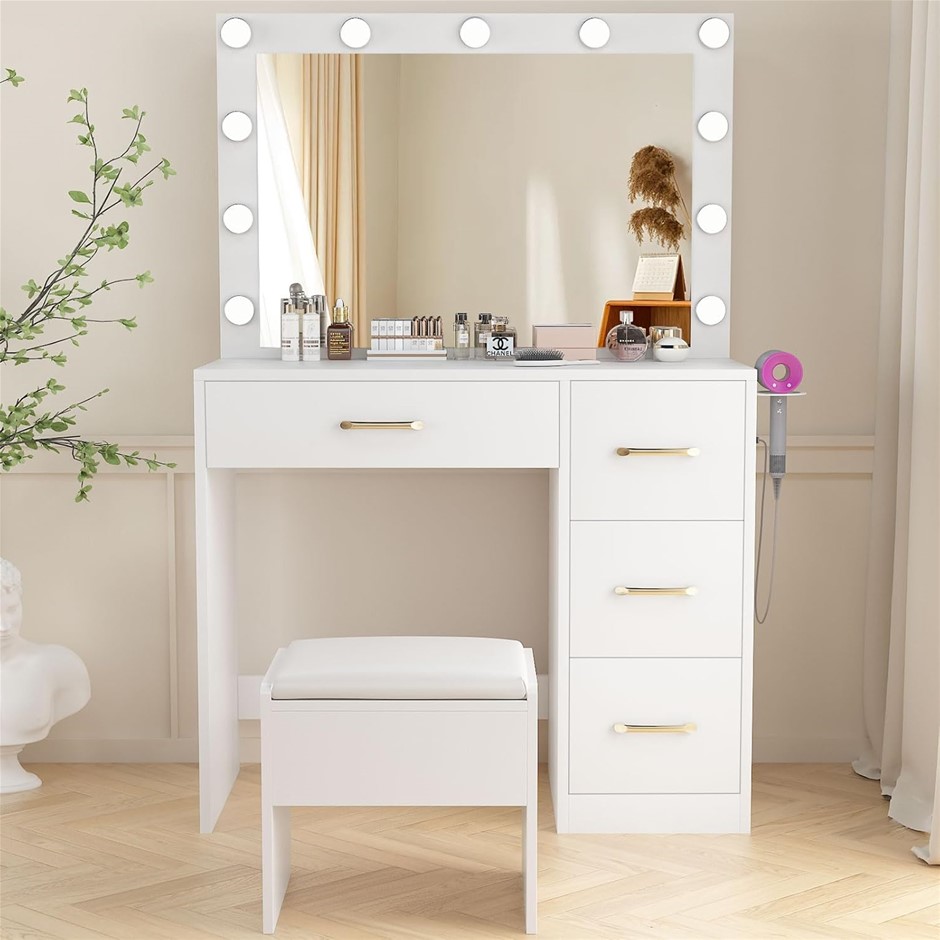 JICODIRECT Vanity Desk with Mirror and 11 LED Bulbs, 4 Storage Drawers, Cha