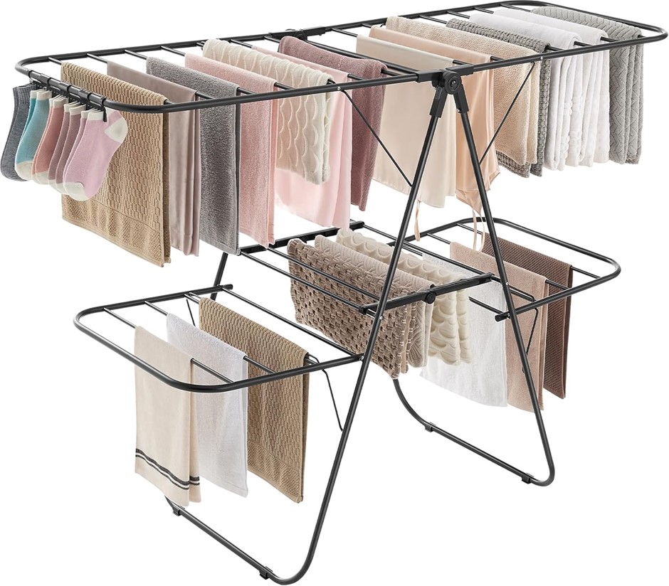 SONGMICS Clothes Drying Rack, Compact Foldable 2-Level, Free-Standing Laund