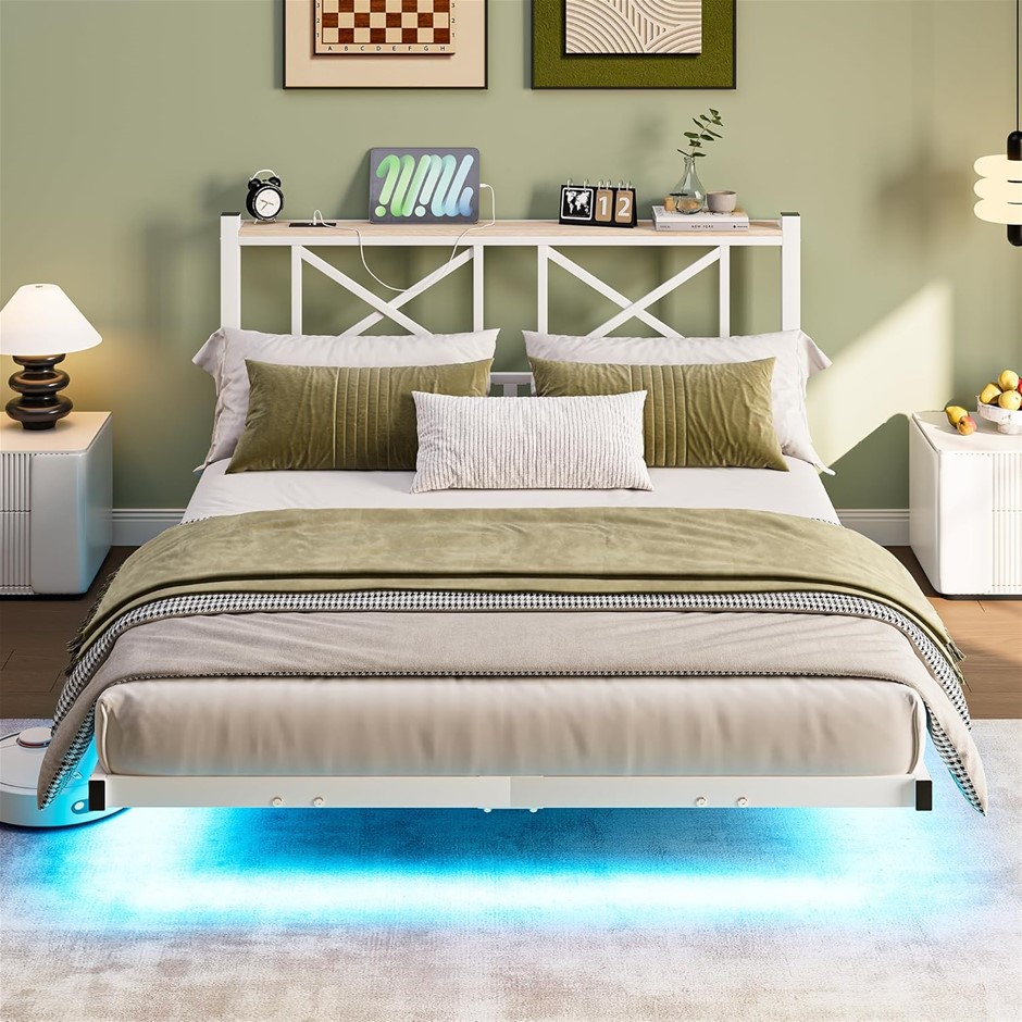 VECOCHO Floating Metal Bed Frame with LED Lights and Charging Station, Heav
