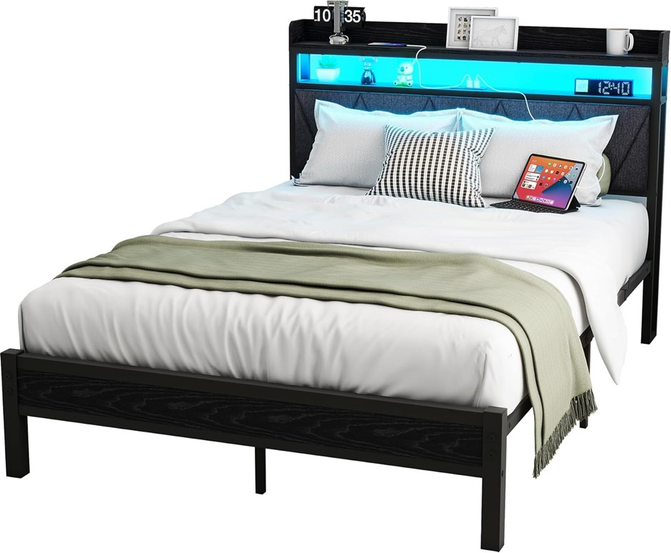 VERFARM Metal Bed Frame with LED Lights Storage Upholstered Headboard and C