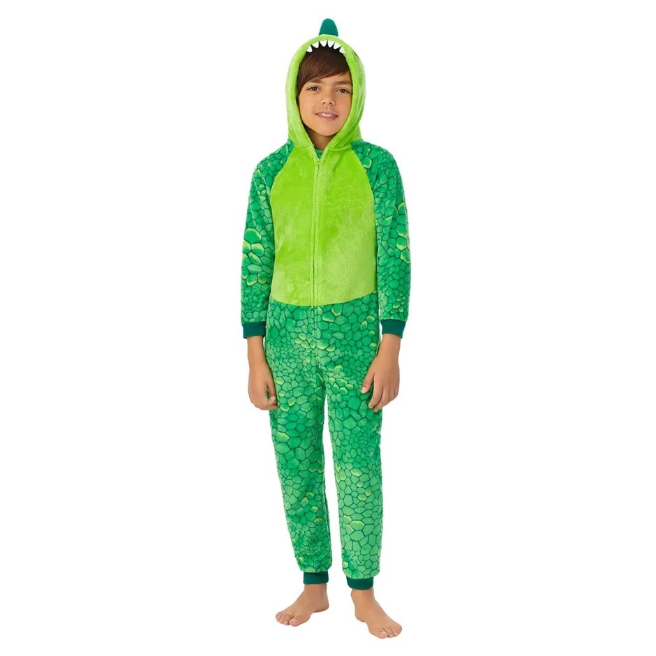 SAINTEVE Youth Hooded Fleece Sleeper, Size S (7/8), Green Dino, K228105.
