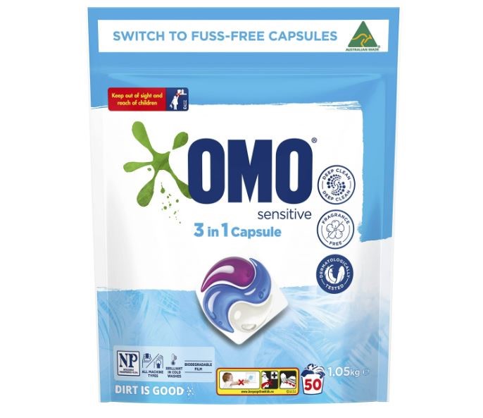 2 x Bag of 50pc OMO Sensitive 3 in 1 Capsule, 1.05kg. N.B: Damaged packagin