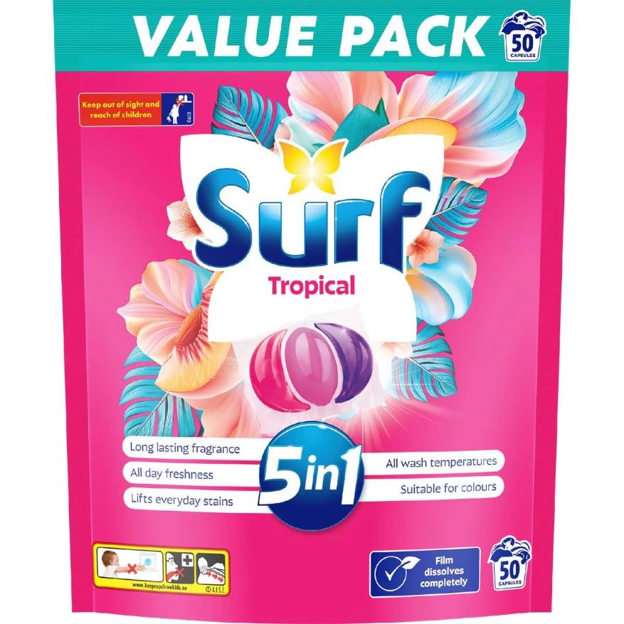 2 x Pack of 50pc SURF Tropical Scent Laundy Capsules. N.B: Damaged packagin