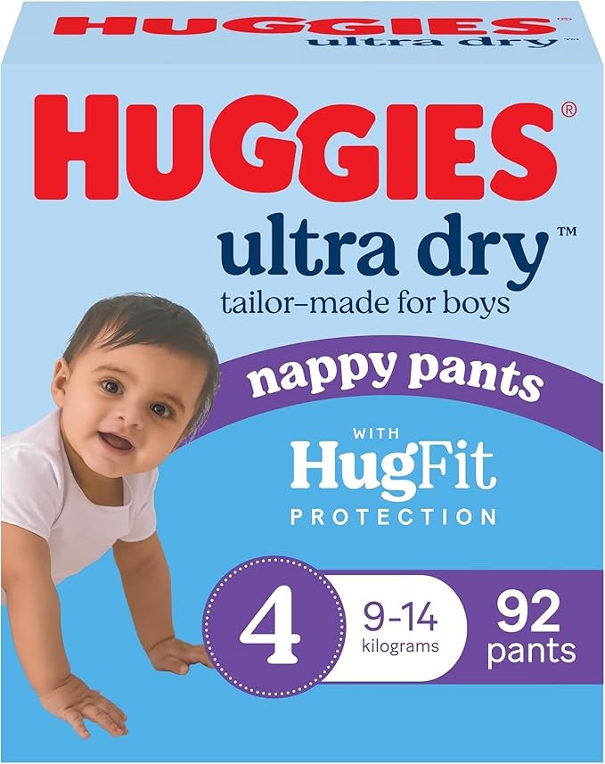 HUGGIES Ultra Dry Nappy Pants Boy Size 4 (9-14kg) 92 Count - Packaging May