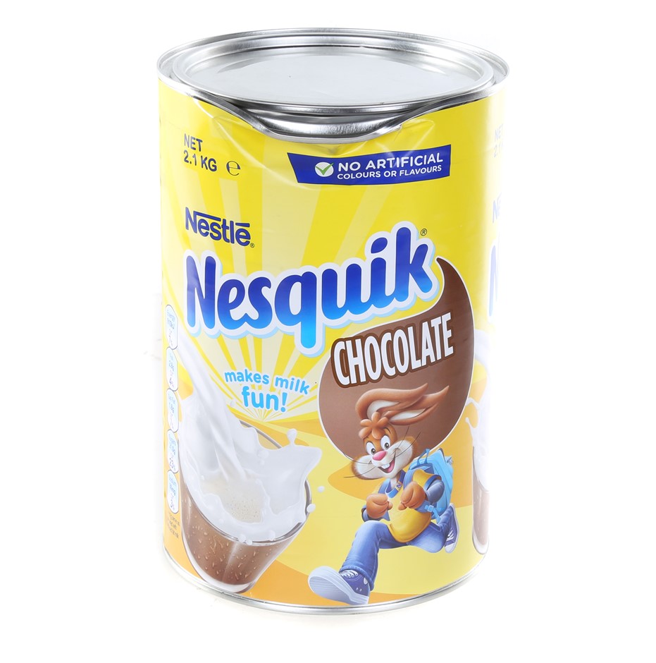 2 x NESTLE Nesquik Chocolate, 2.1kg Tin. N.B: Dented tins & 1 x missing lid