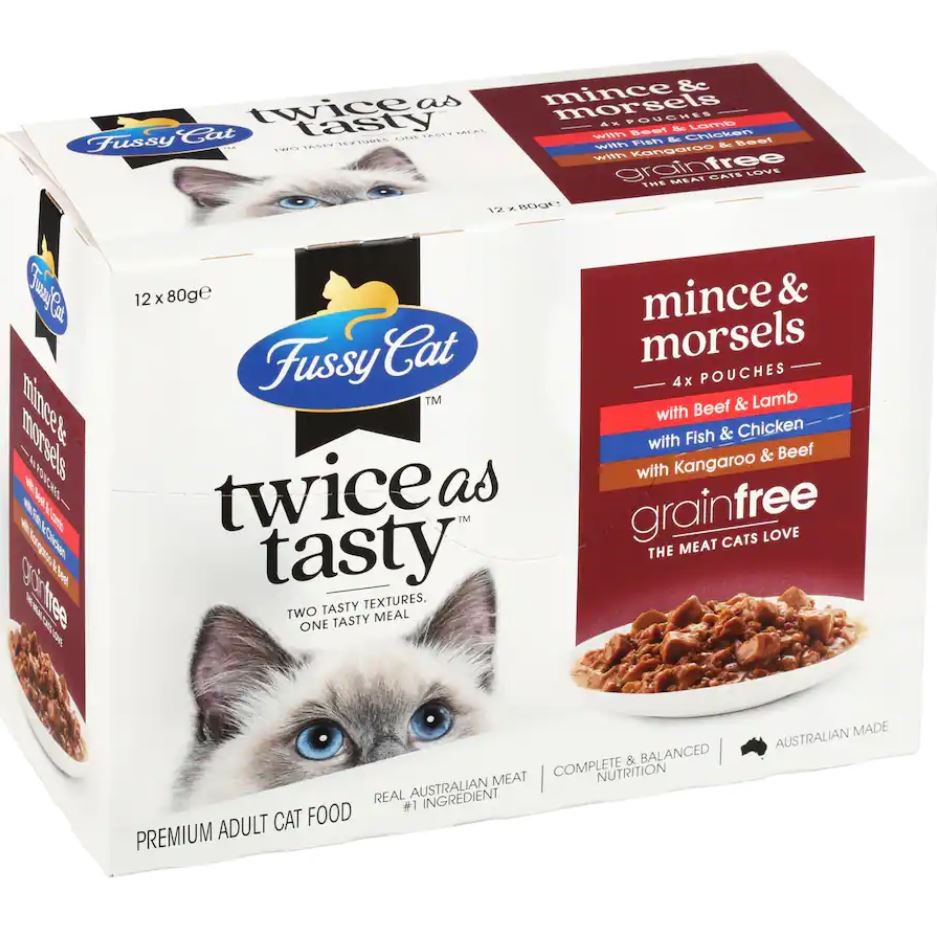 4 x 12pk FUSSY CAT Twice As Tasty, Mince & Morsels, 80g each. N.B: 2 x duck