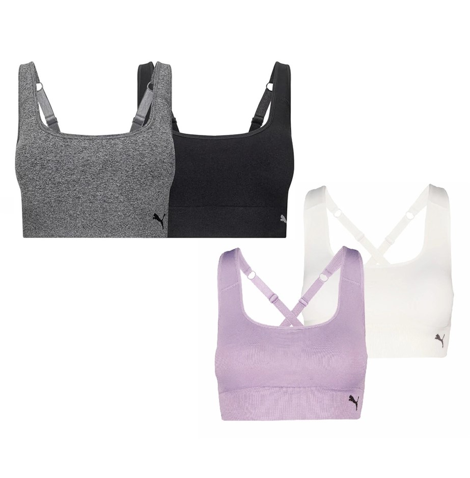 4 x PUMA Square Neck Seamless Sports Bras, Size M, Med Heather Grey/Black/P