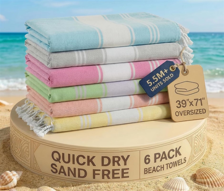 6 x LANE LINEN 39"x71" Oversized Turkish Sandproof, Beach Towels, Pre-Washe