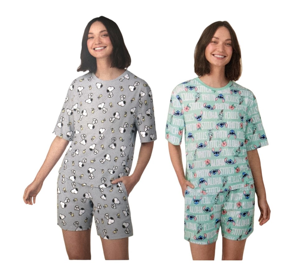 2 x Women's Character PJ Sets, Size XL, Snoopy/Grey & Stitch/Green, 230326.