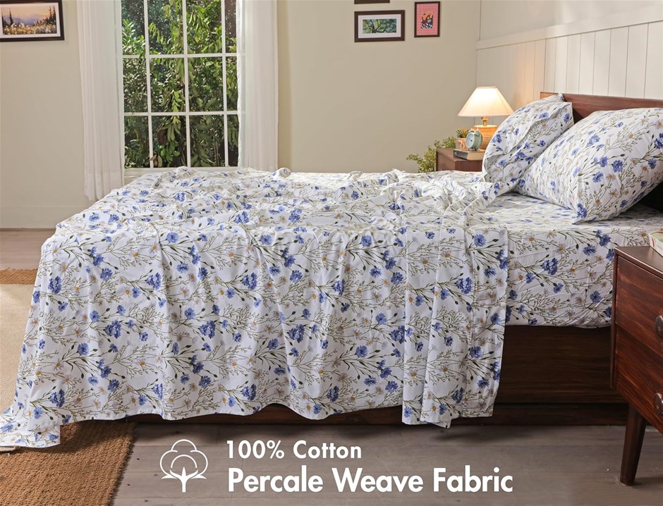 RUVANTI 100% Cotton Percale Sheet Set, Blue Floral (1 Flat, 1 Fitted & 2 Pi