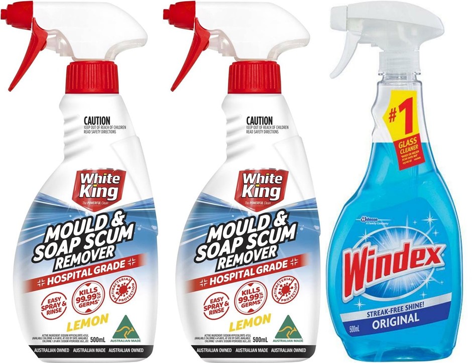 3 x CLEANING BUNDLE: WHITE KING Mould & Soap Scum Removers, Lemon, 500ml +