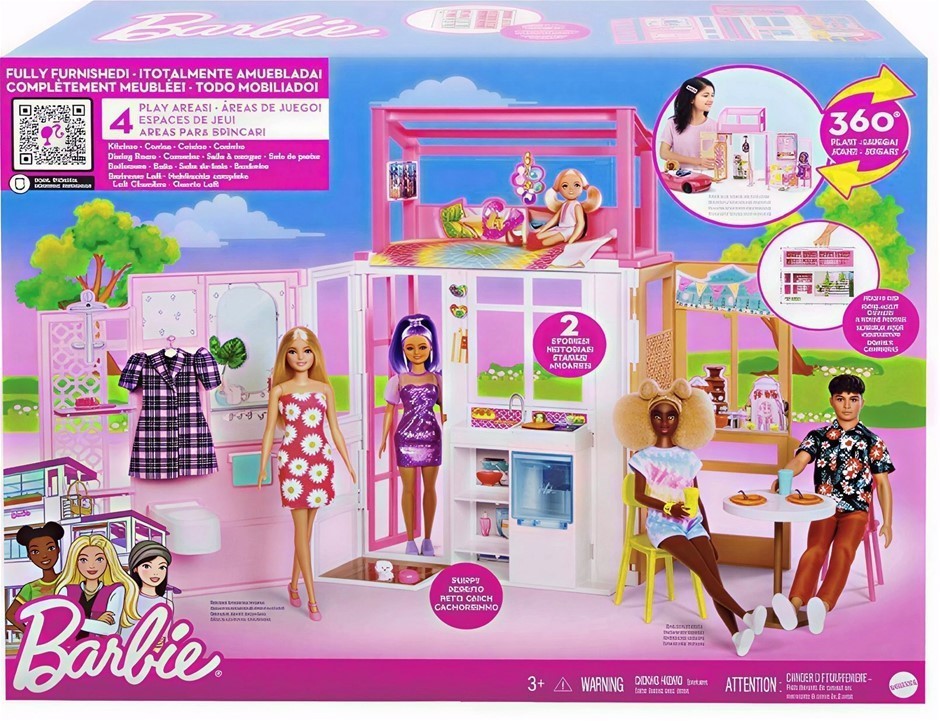 BARBIE Dollhouse with 2 Levels & 4 Play Areas, Fully Furnished Barbie House