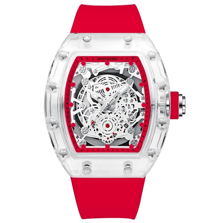 Waterproof Watch Barrel Shaped Transparent Red Color Quartz Watch Popular