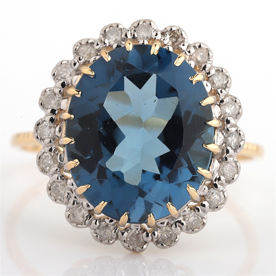 14k Yellow Gold Natural London Blue Topaz & Diamond Ring with Valuation