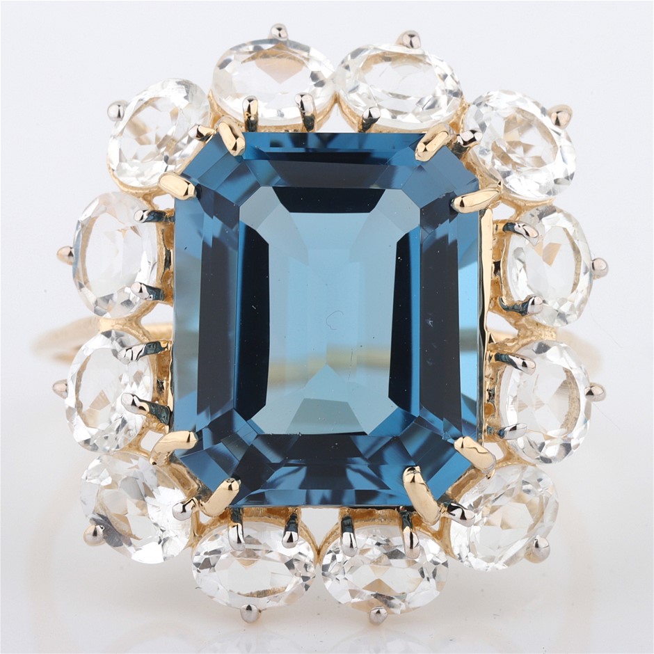 14k Yellow Gold Natural London Blue Topaz/Natural White Topaz Ring with