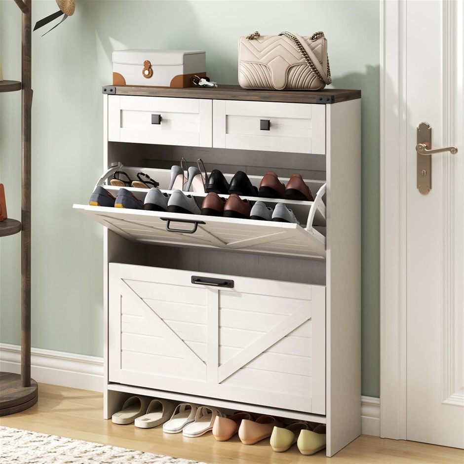 LUMOTI Shoe Storage Cabinet with 2 Flip Drawers & 2 Drawers, Freestanding N