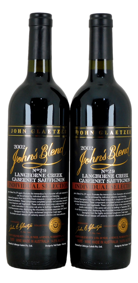John Glaetzer John's Blend Cab Sauv 2002 (2x 750mL), Langhorne Creek.