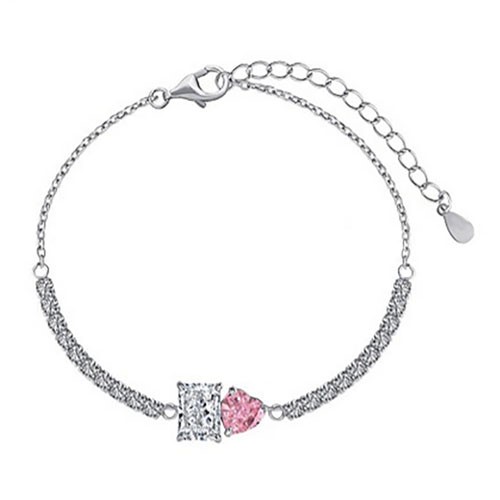 Rectangle & Heart 925 Sterling Silver Link Bracelet Simulated Diamonds